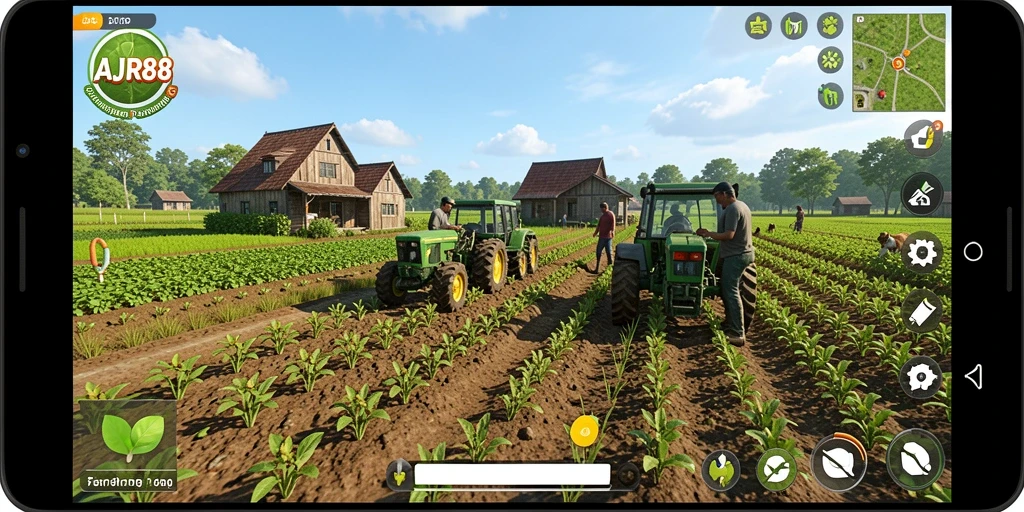 Screenshot gameplay AJR88 menunjukkan suasana pertanian yang cerah dan interaktif.
