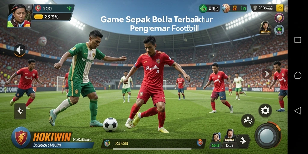 Tampilan gameplay HOKIWIN dengan aksi sepak bola yang mendebarkan.