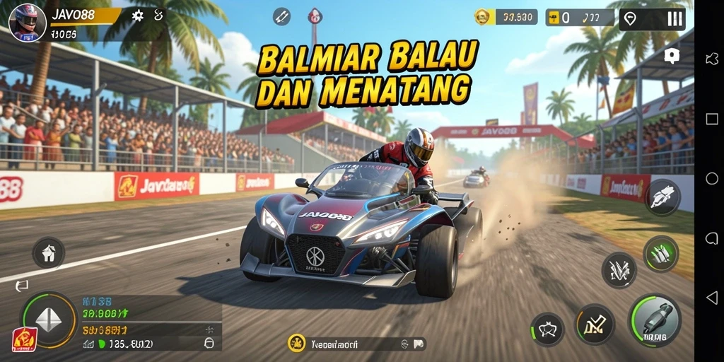 Screenshot utama JAVO88 menampilkan aksi balapan yang mendebarkan.