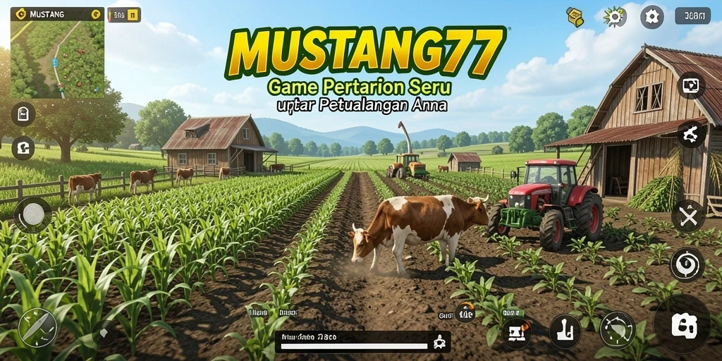 Screenshot gameplay MUSTANG77 menunjukkan keseruan bertani dan memelihara hewan.