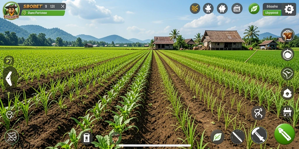 Tampilan gameplay SBOBET dengan ladang pertanian yang subur dan beragam tanaman.